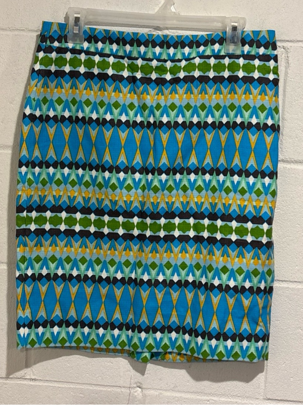 J Crew pencil skirt blue green Aztec print zipper back